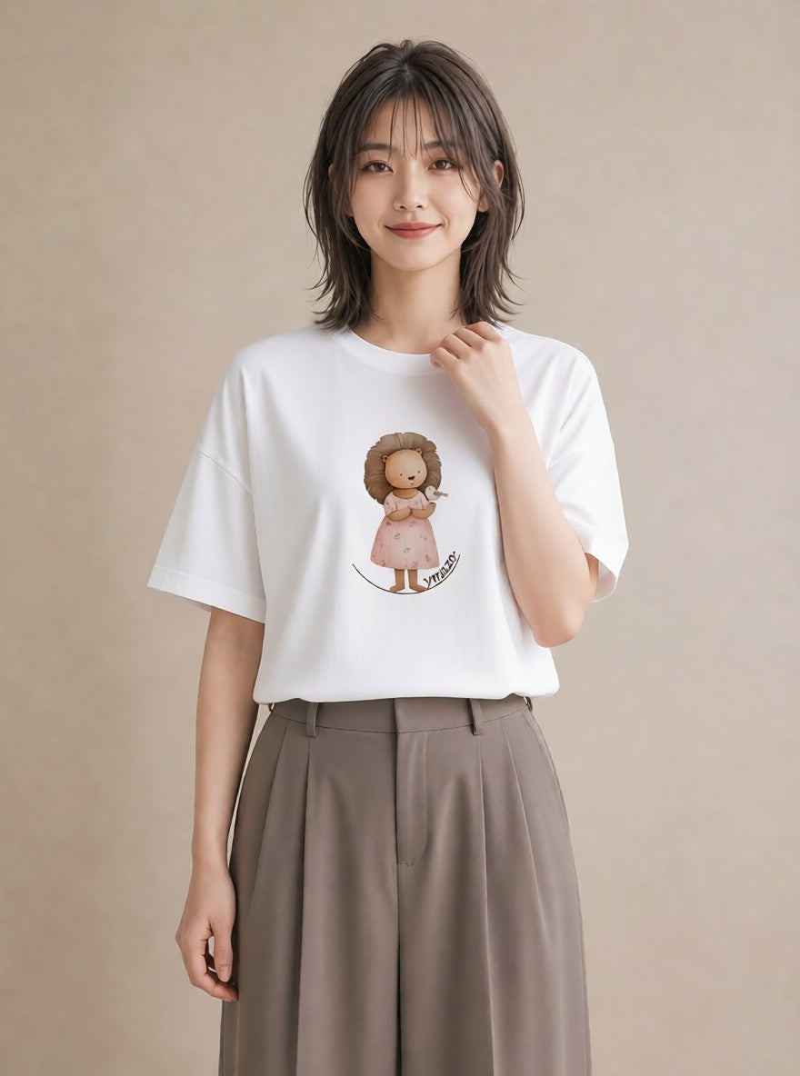 グラフィックTシャツ レディース ライオン 動物 アニマル イラスト ラフカジュアル 散歩 お出かけ 白T