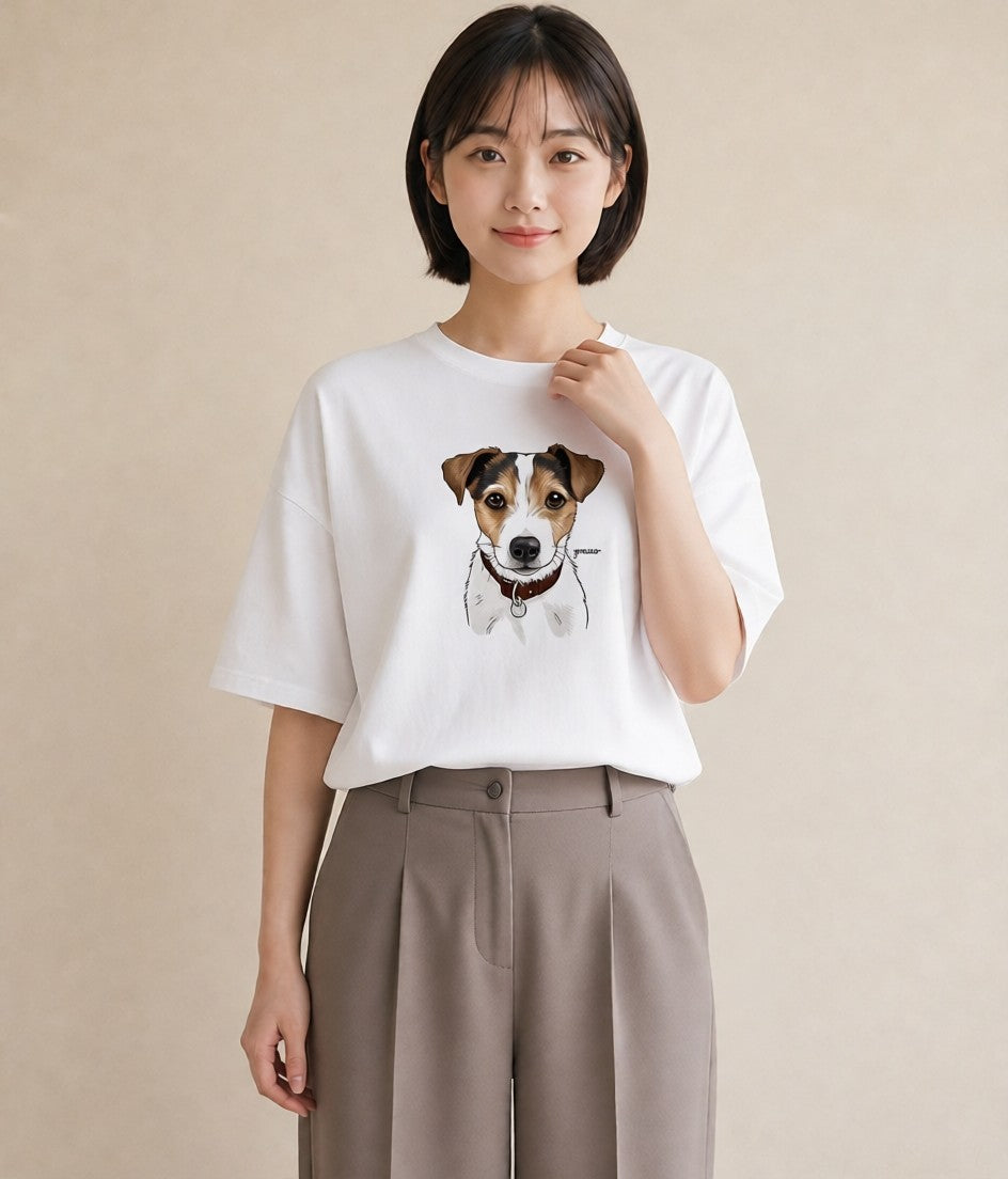 デザインTシャツ レディース ジャックラッセルテリア 犬 いぬ イラスト カフェコーデ デイリーウェア 休日 白T