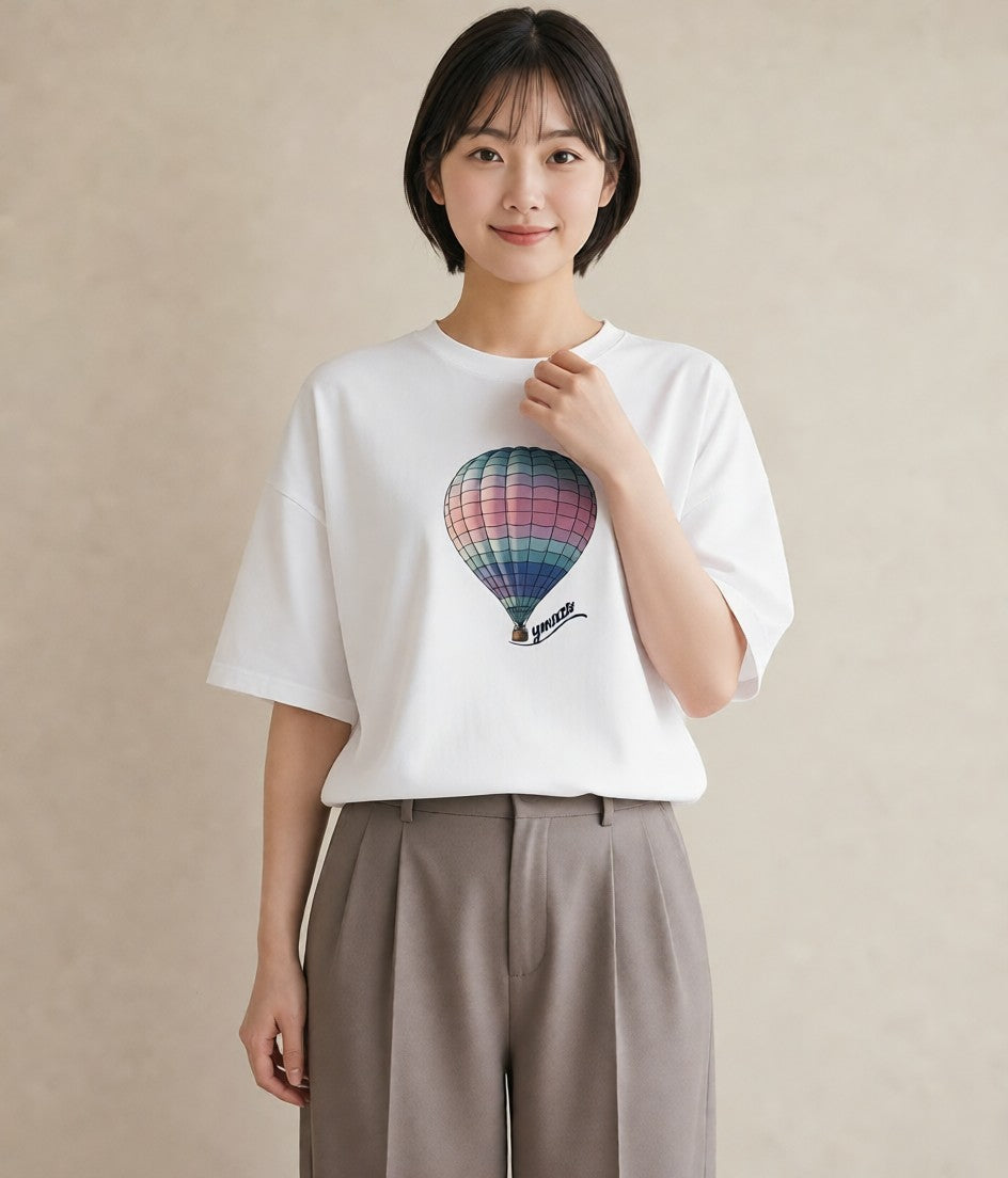 デザインTシャツ レディース 気球 星空 宇宙 イラスト 北欧風 デイリーウェア 休日 白T