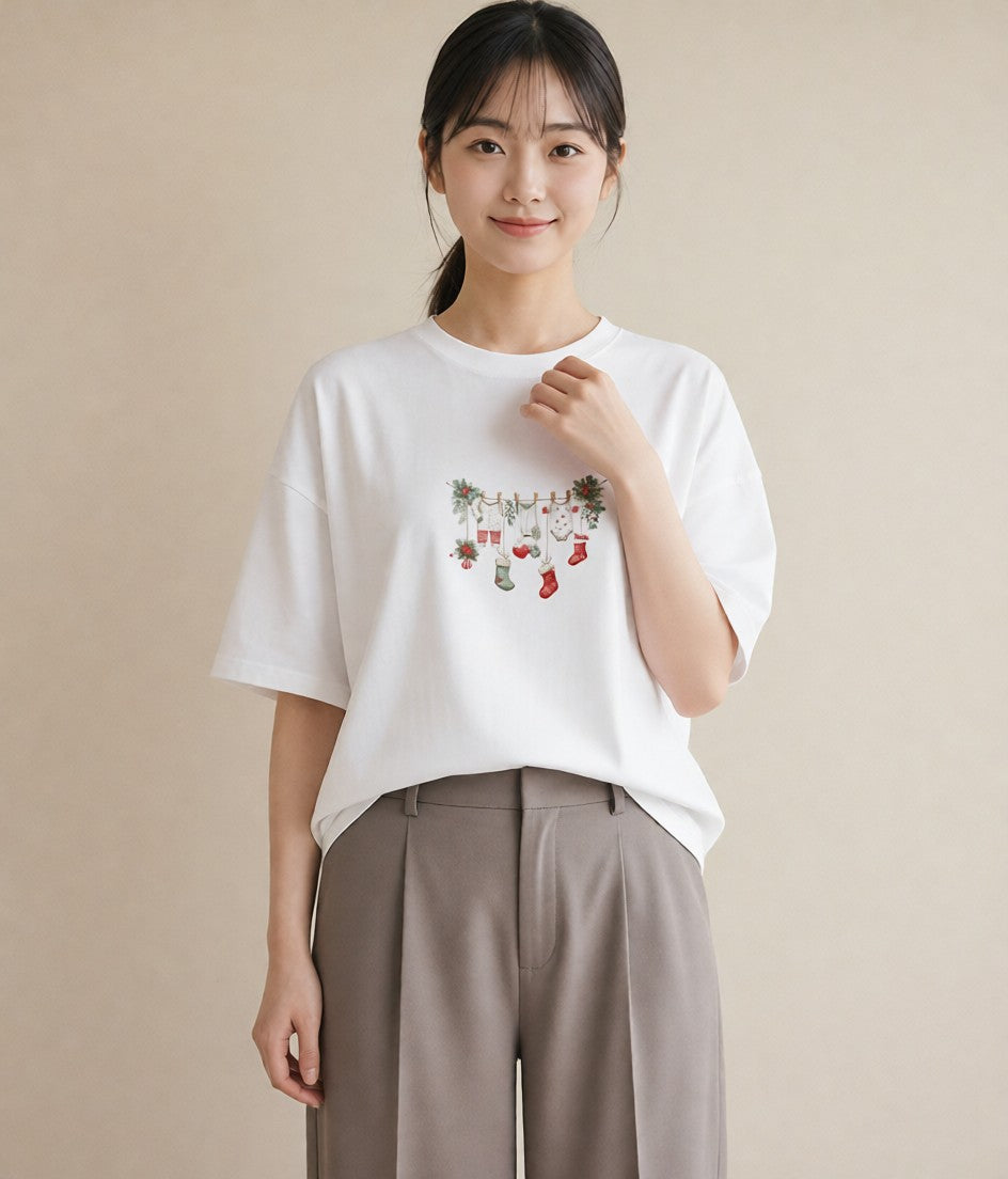 Tシャツ レディース 洗濯物 風 ナチュラル アンティーク イラスト ガーリー 買い物 夏コーデ 白T