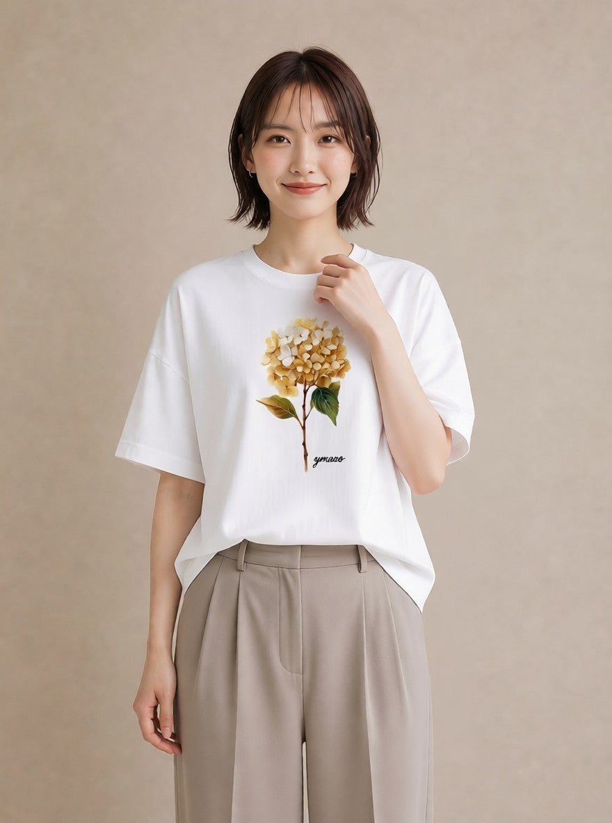 デザインTシャツ レディース あじさい 紫陽花 アジサイ 花 花柄 イラスト シンプル 海 カフェ巡り 白T
