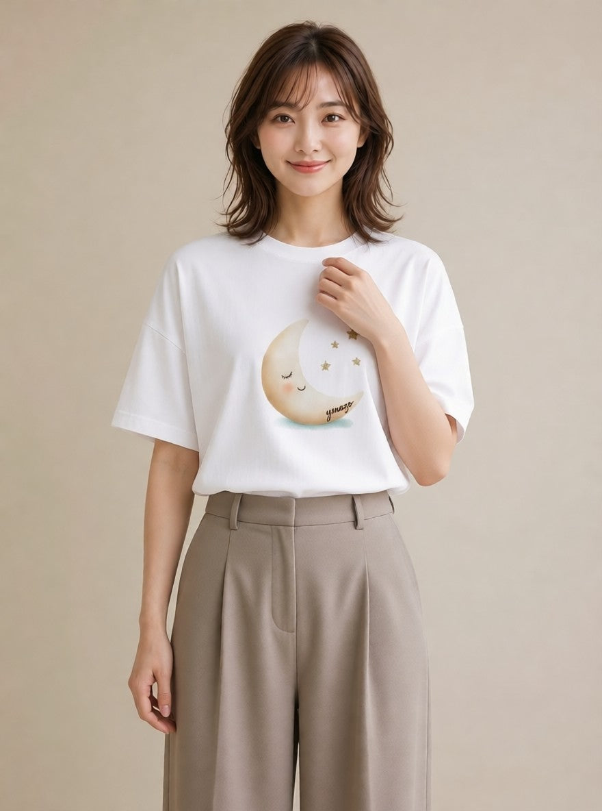 グラフィックTシャツ レディース 月 星空 宇宙 イラスト ヴィンテージ風 部屋着 女性向けギフト 白T