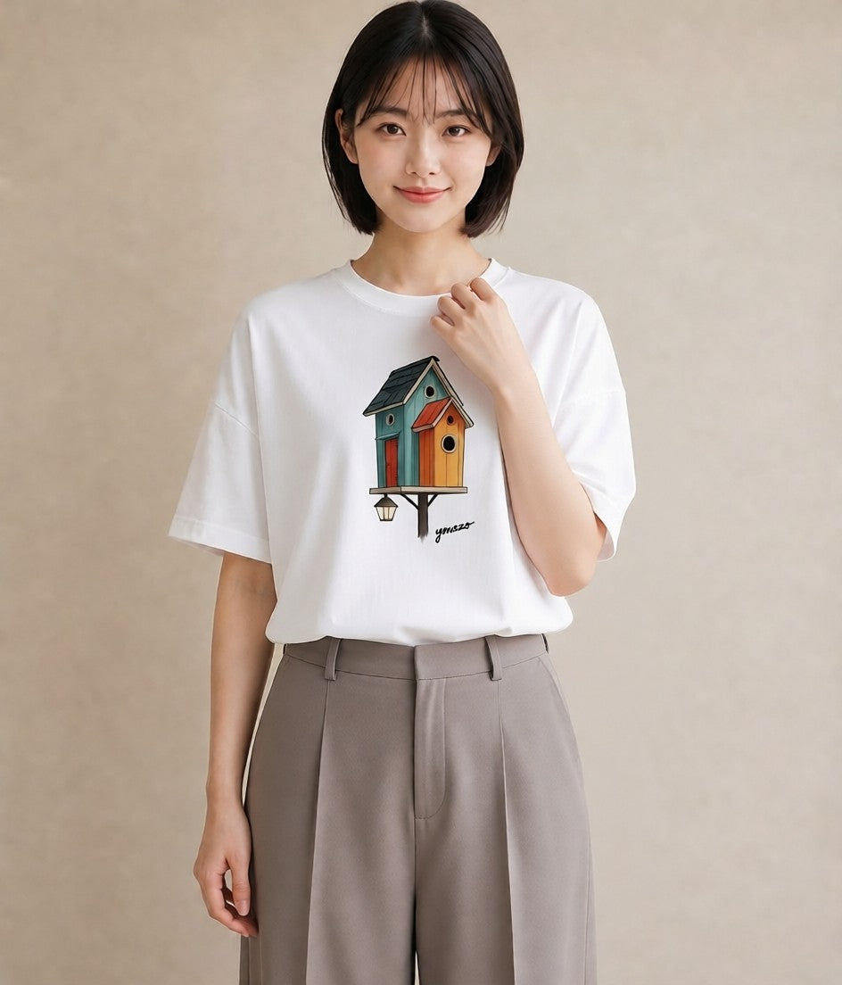 プリントTシャツ レディース 遠い家と鳥 風景 鳥 ナチュラル アンティーク イラスト ポップ デイリーウェア 休日 白T
