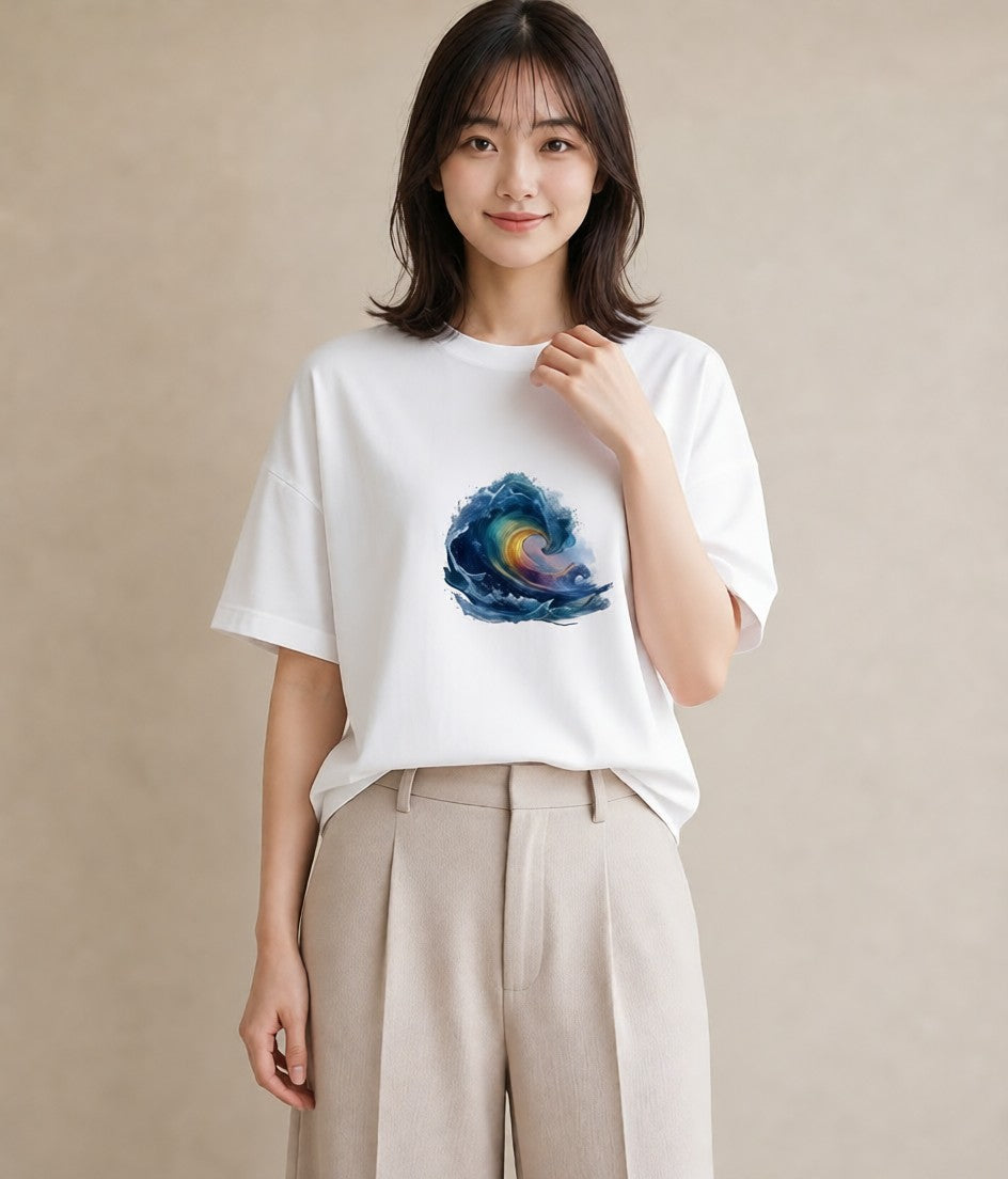 Tシャツ レディース 波 星空 宇宙 イラスト ミニマル 女性 旅行用 白T