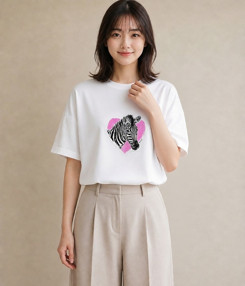 Tシャツ レディース しまうま 動物 アニマル イラスト 可愛い 春服 ミセス 白T