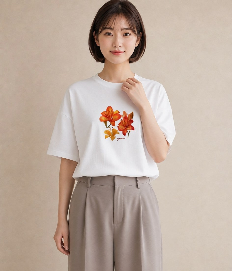 デザインTシャツ レディース ゆり 百合 花 花柄 イラスト 個性的 海 カフェ巡り 白T