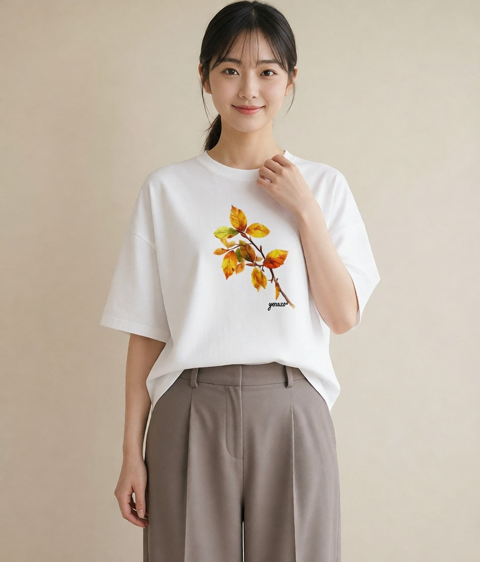 半袖Tシャツ レディース 落ち葉 植物 ボタニカル イラスト こなれ感 ラフ レイヤード 白T