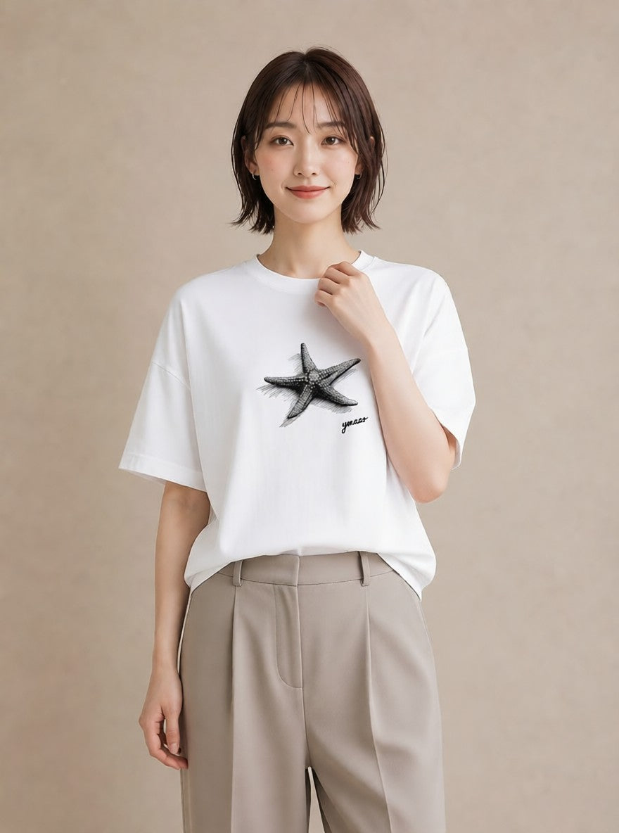 Tシャツ レディース ヒトデ 海の生き物 海 イラスト ラフカジュアル 公園 ママ 白T