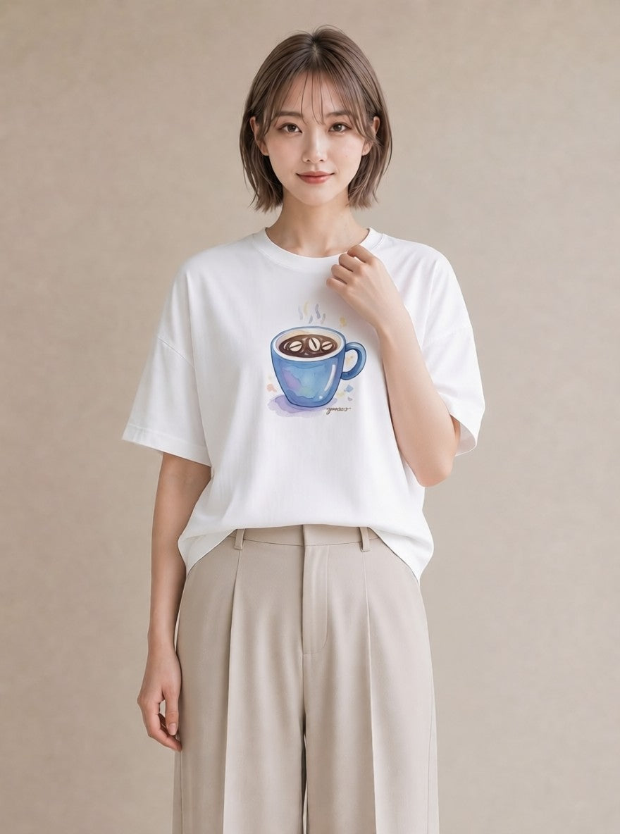 半袖Tシャツ レディース コーヒー カフェ 珈琲 イラスト 普段使い クリスマス 旅行 白T