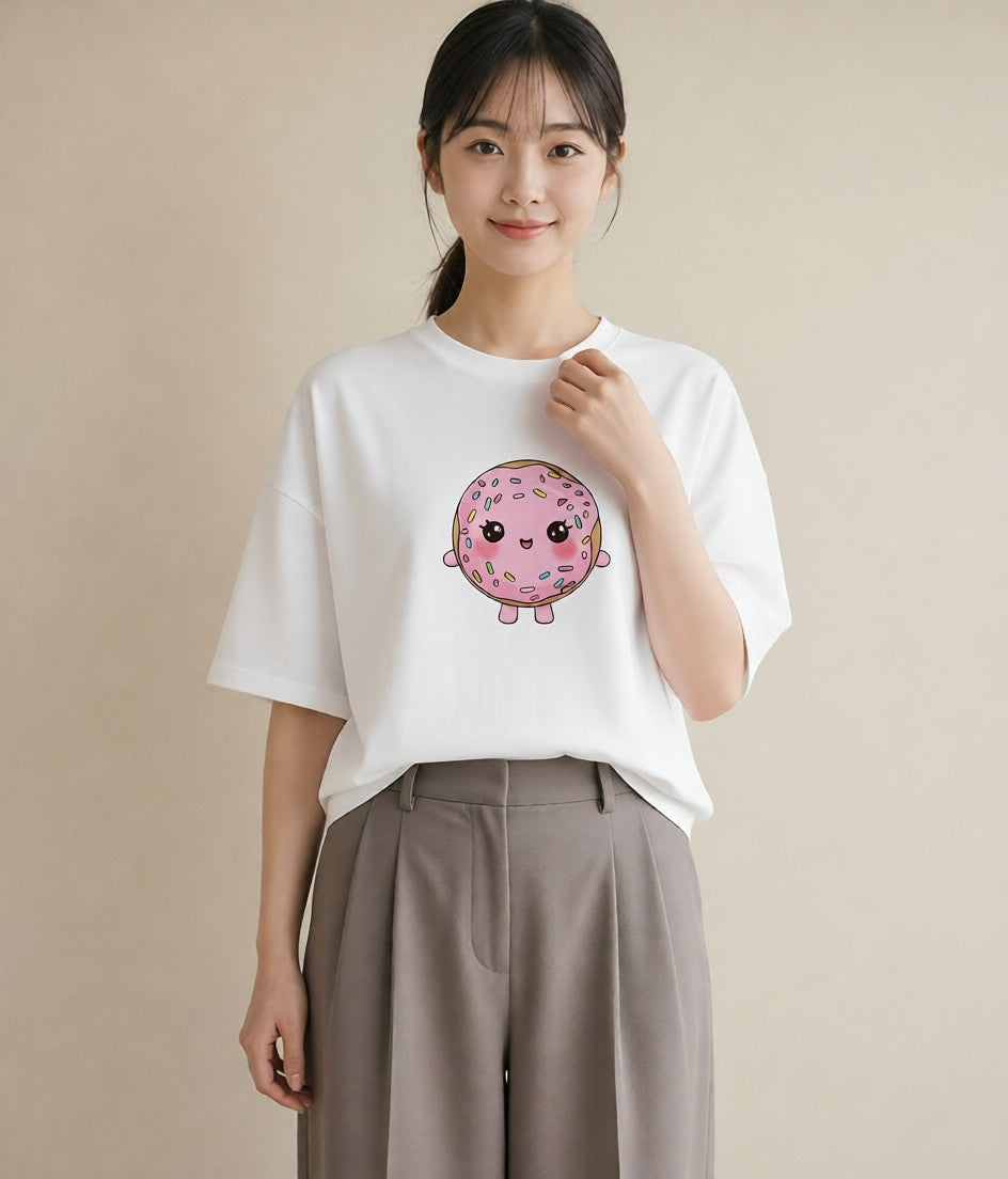 グラフィックTシャツ レディース ドーナツ 食べ物 フード イラスト 淡色 20代 カジュアルコーデ 白T