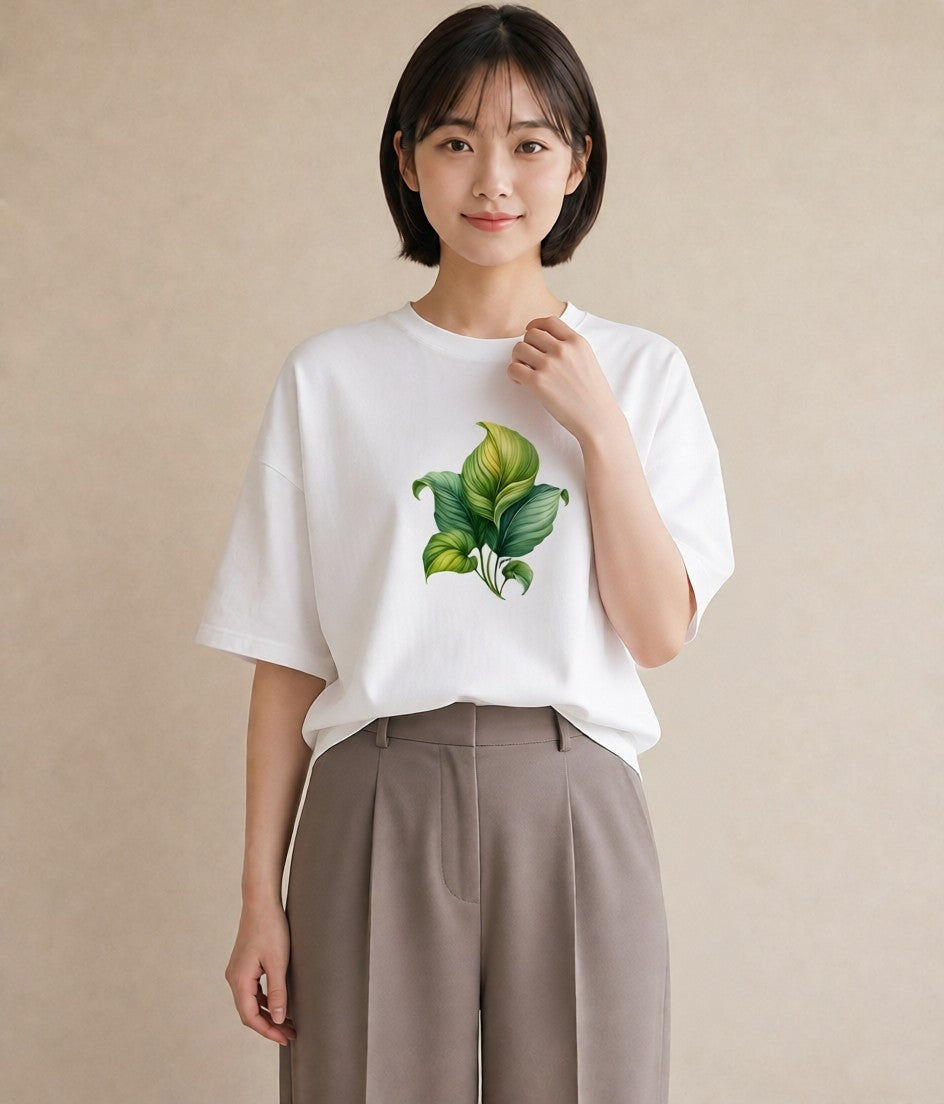 半袖Tシャツ レディース 葉っぱ 植物 ボタニカル イラスト 抜け感 デート 帰省 白T