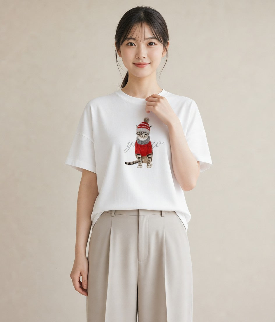 プリントTシャツ レディース キジトラ 猫 ねこ イラスト フェミニン ミセス 春コーデ 白T