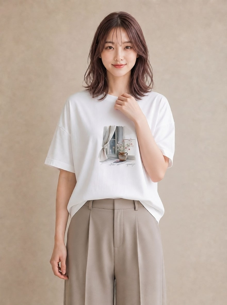 グラフィックTシャツ レディース 窓辺の雨 雨の日 窓 ナチュラル アンティーク イラスト 普段使い ペアコーデ 秋コーデ 白T