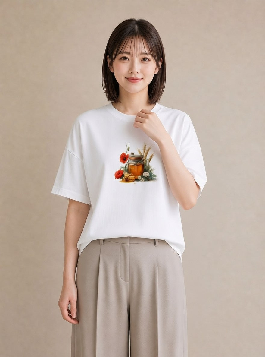 半袖Tシャツ レディース はちみつ 食べ物 フード イラスト モード 散歩 お出かけ 白T
