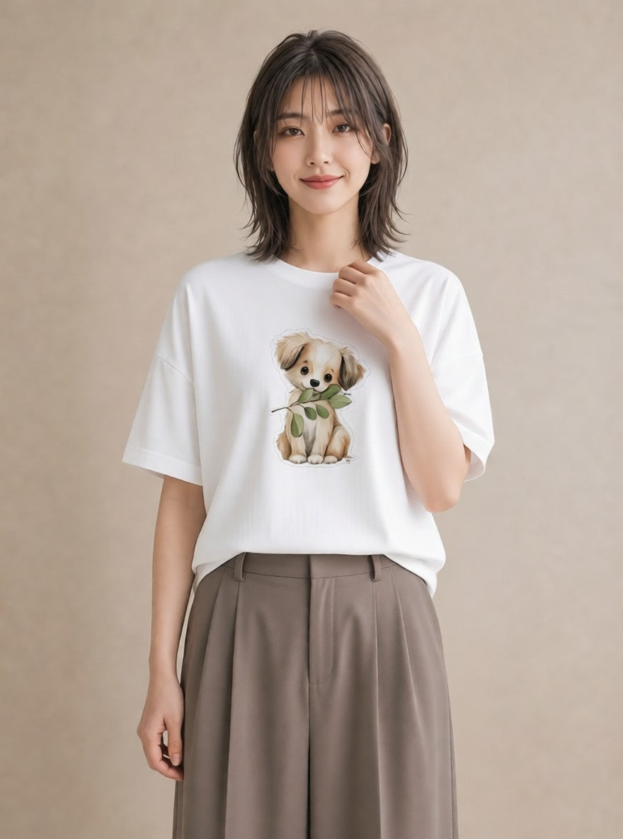 Tシャツ レディース 犬 いぬ イラスト 上品 母娘コーデ 自分用 白T