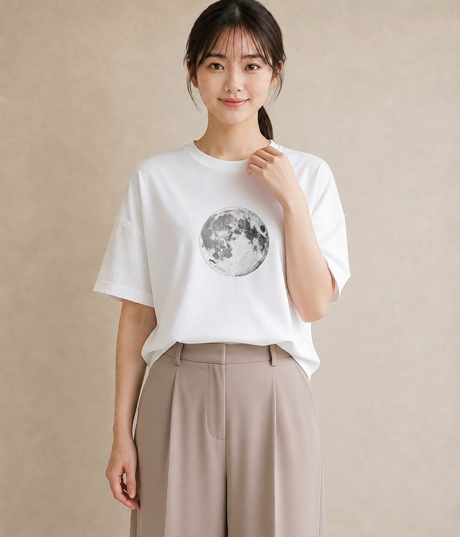 半袖Tシャツ レディース 満月 星空 宇宙 イラスト 個性的 買い物 夏コーデ 白T