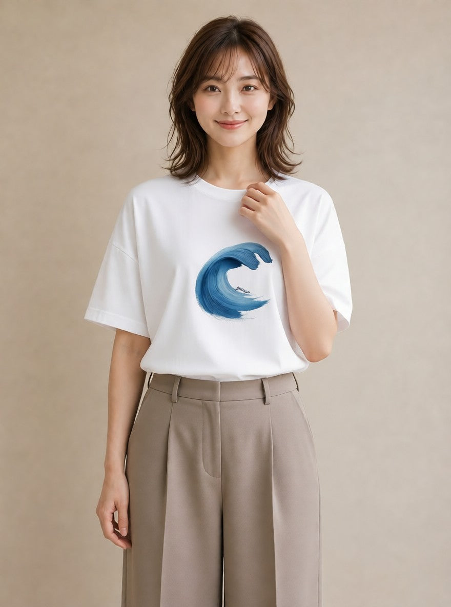 半袖Tシャツ レディース 波 星空 宇宙 イラスト 韓国風 週末コーデ 敬老の日 白T