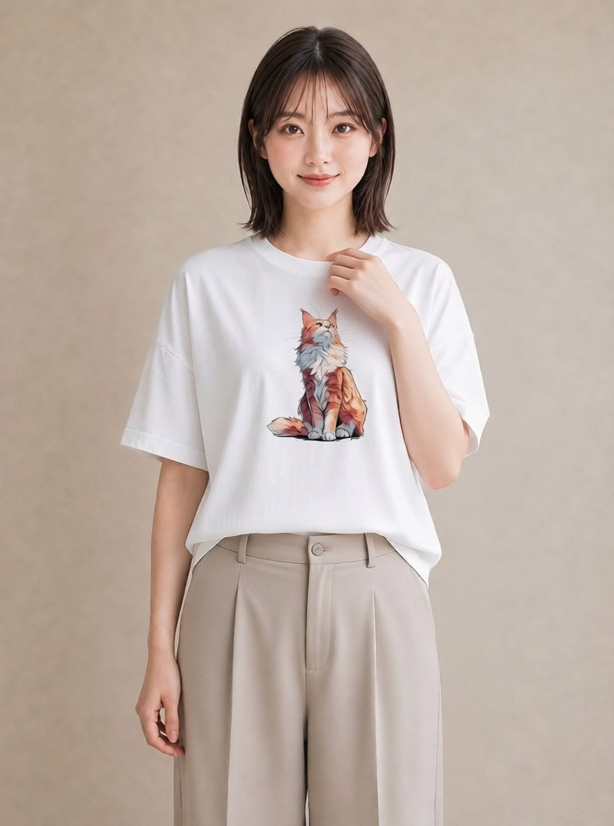 半袖Tシャツ レディース メインクーン 猫 ねこ イラスト ナチュラル 自分用 ルームウェア 白T