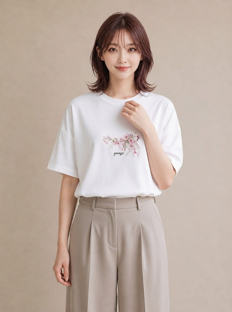 半袖Tシャツ レディース さくら 桜 サクラ 花 花柄 イラスト アート風 友達ギフト 部屋着 白T