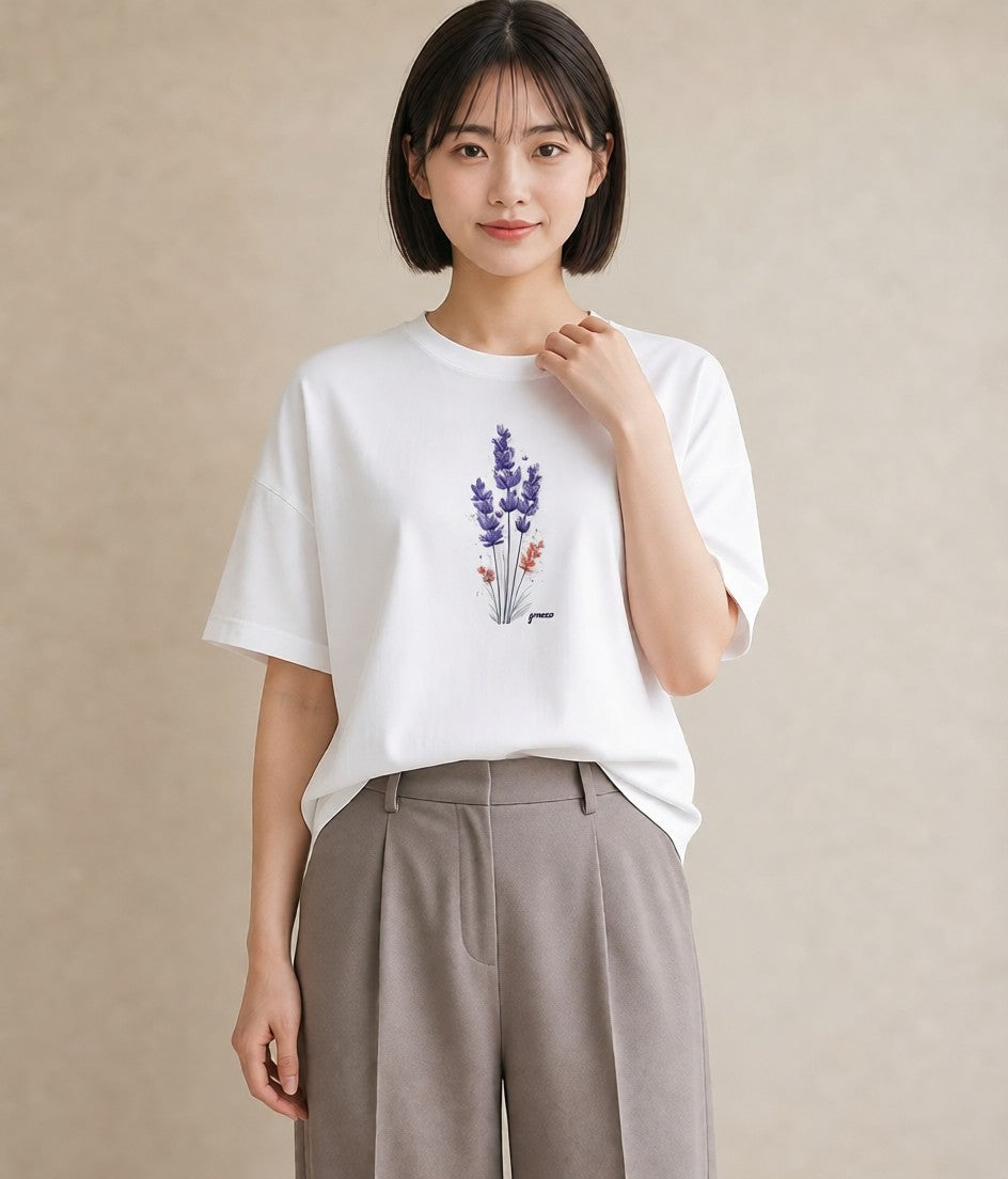Tシャツ レディース ラベンダー 花 花柄 イラスト ミニマル ラフ レイヤード 白T