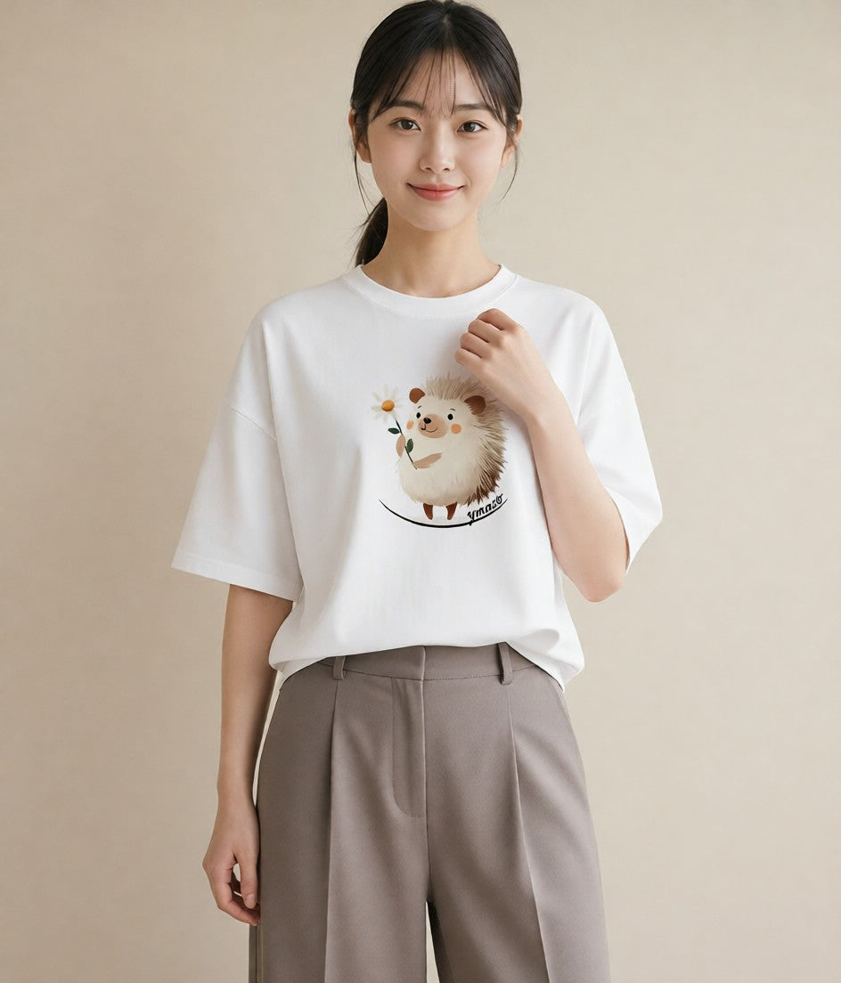 プリントTシャツ レディース ハリネズミ ペット 動物 イラスト 休日コーデ 社会人 女性 白T