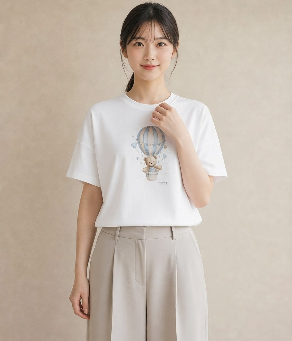 プリントTシャツ レディース 気球 星空 宇宙 イラスト 韓国風 おしゃれギフト 社会人 白T
