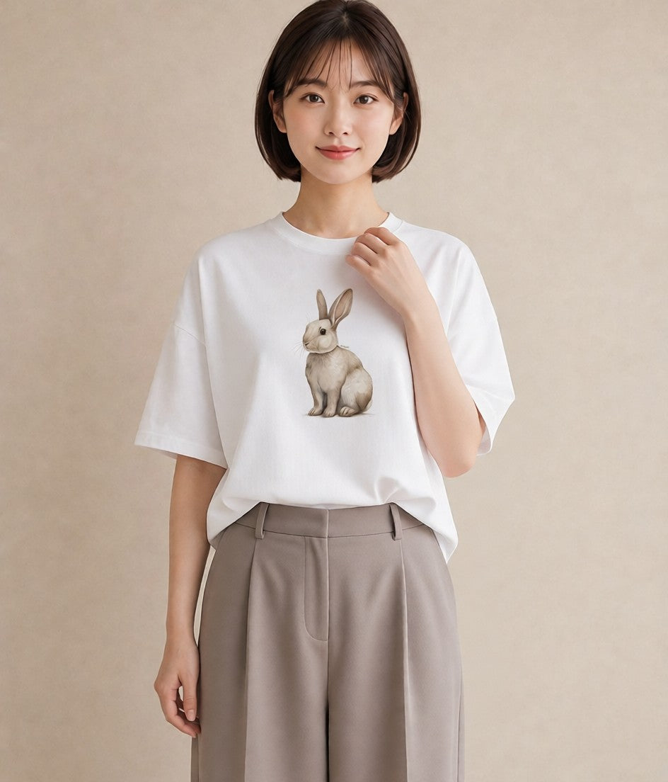 半袖Tシャツ レディース ロップイヤー ペット 動物 イラスト ポップ 海 カフェ巡り 白T