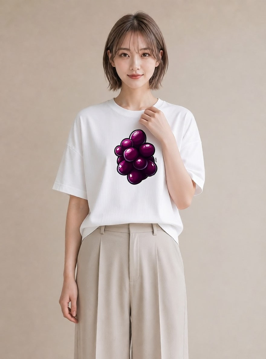 グラフィックTシャツ レディース ぶどう 葡萄 食べ物 フード イラスト 水彩風 友達ギフト 部屋着 白T