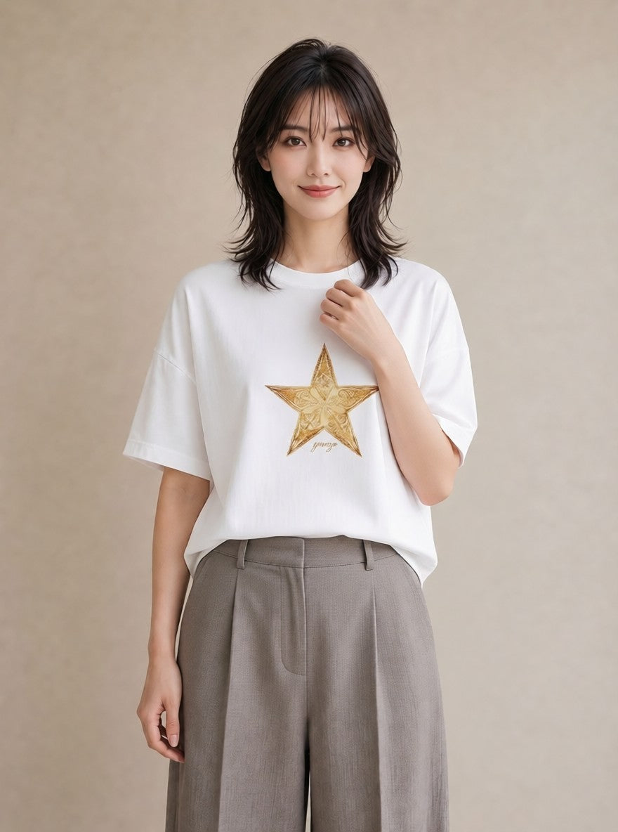 グラフィックTシャツ レディース スター 星空 宇宙 イラスト ラフカジュアル ミセス 春コーデ 白T