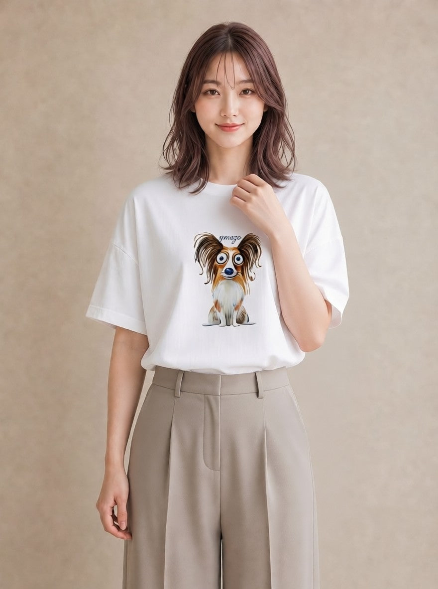 半袖Tシャツ レディース パピヨン 犬 いぬ イラスト 休日コーデ 春コーデ 姉妹 白T