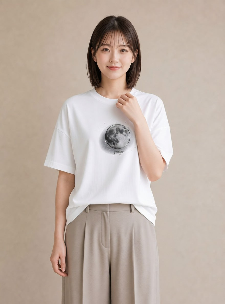 プリントTシャツ レディース 満月 星空 宇宙 イラスト アート風 旅行 母娘コーデ 白T
