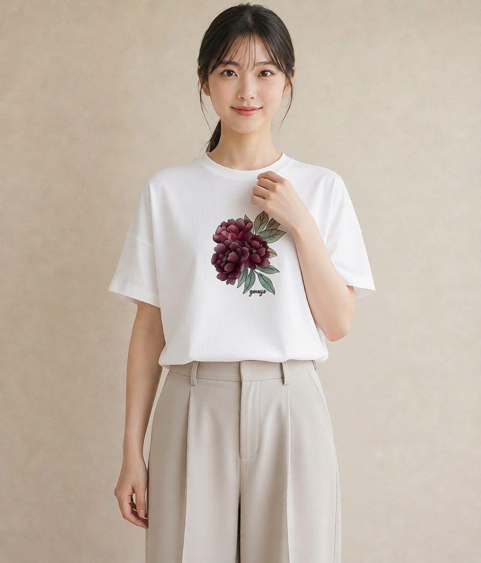 半袖Tシャツ レディース 牡丹 花 花柄 イラスト モード ラフ レイヤード 白T