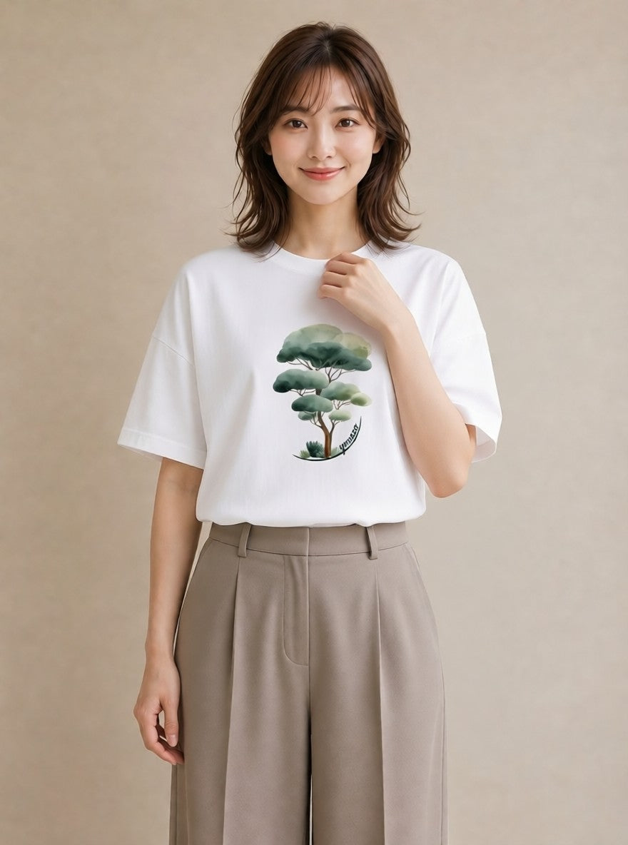 半袖Tシャツ レディース 森 植物 ボタニカル イラスト ニュアンス 春服 ミセス 白T