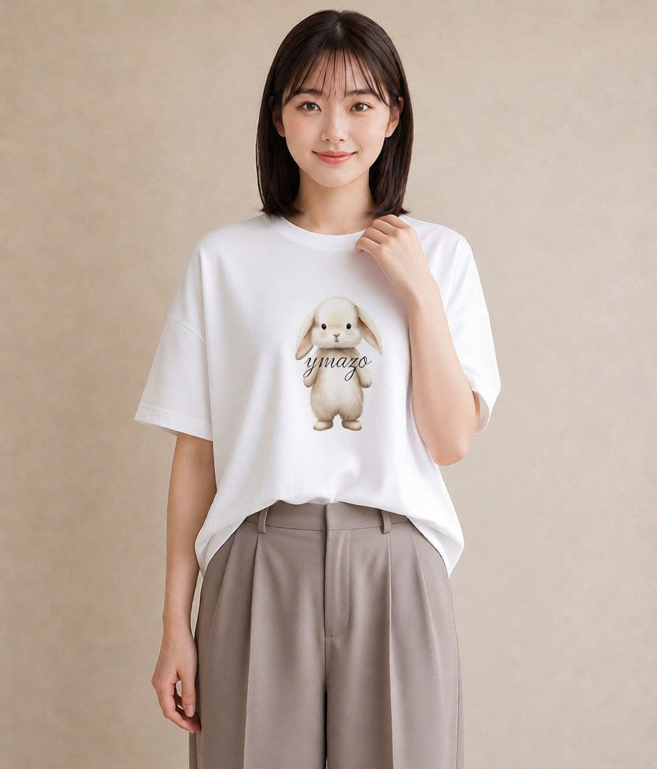 半袖Tシャツ レディース ライオンラビット ペット 動物 イラスト ヴィンテージ風 ミセス 春コーデ 白T