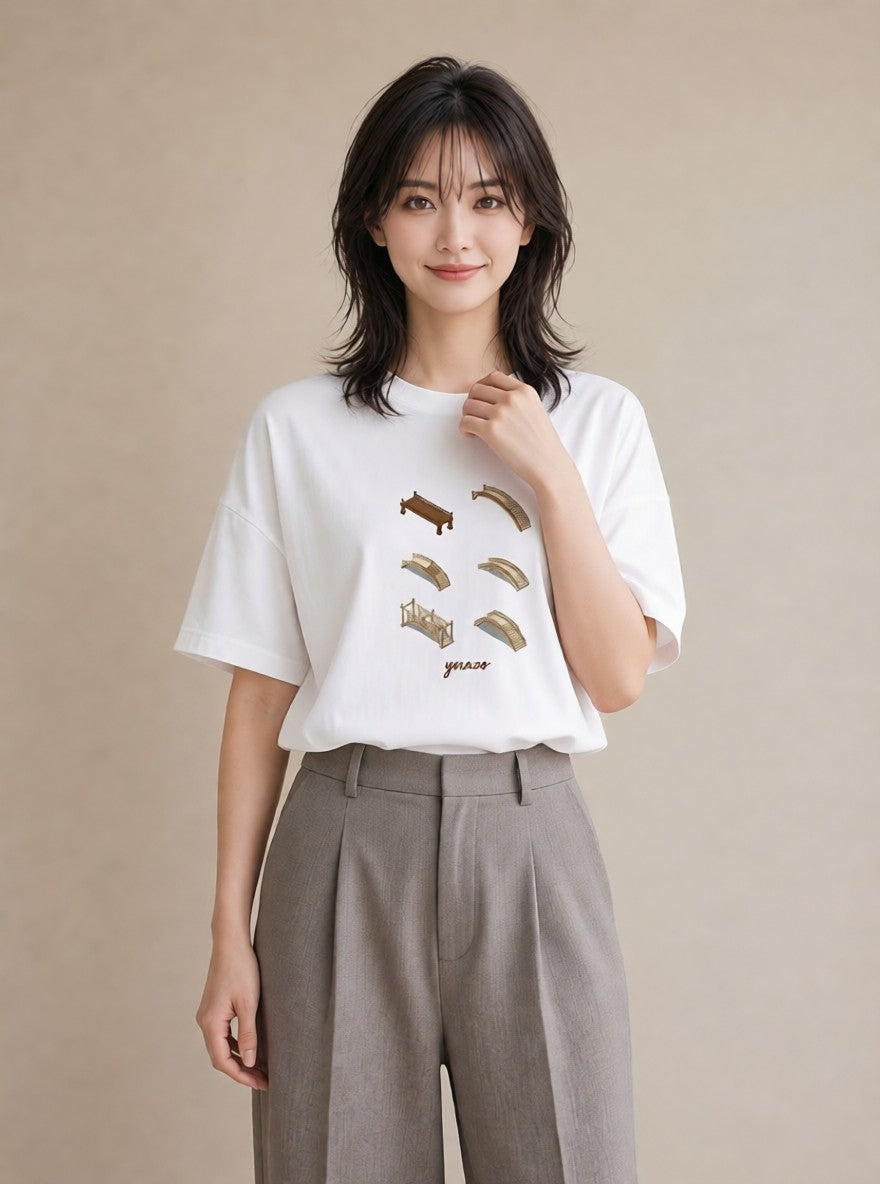 デザインTシャツ レディース 小川 橋 せせらぎ ナチュラル アンティーク イラスト 北欧風 海 カフェ巡り 白T
