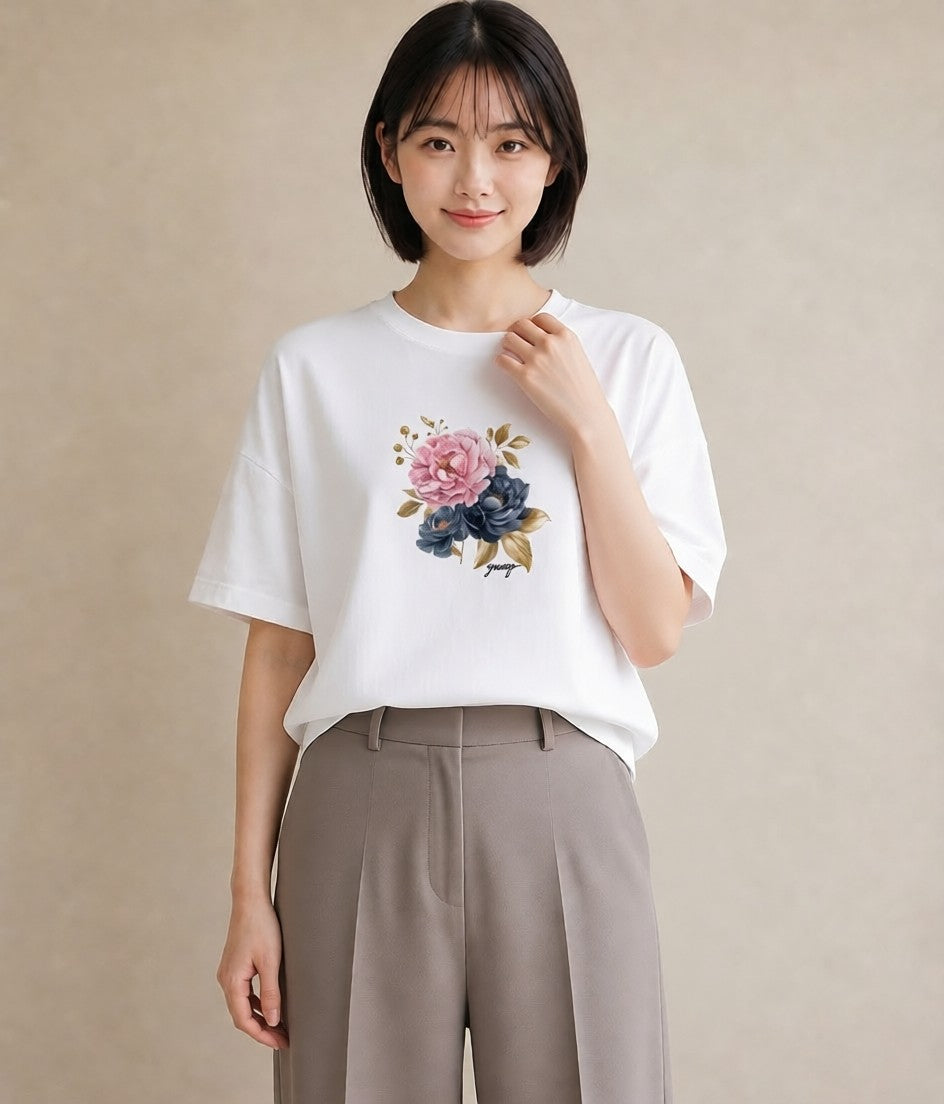 Tシャツ レディース 牡丹 花 花柄 イラスト お洒落 週末コーデ 敬老の日 白T