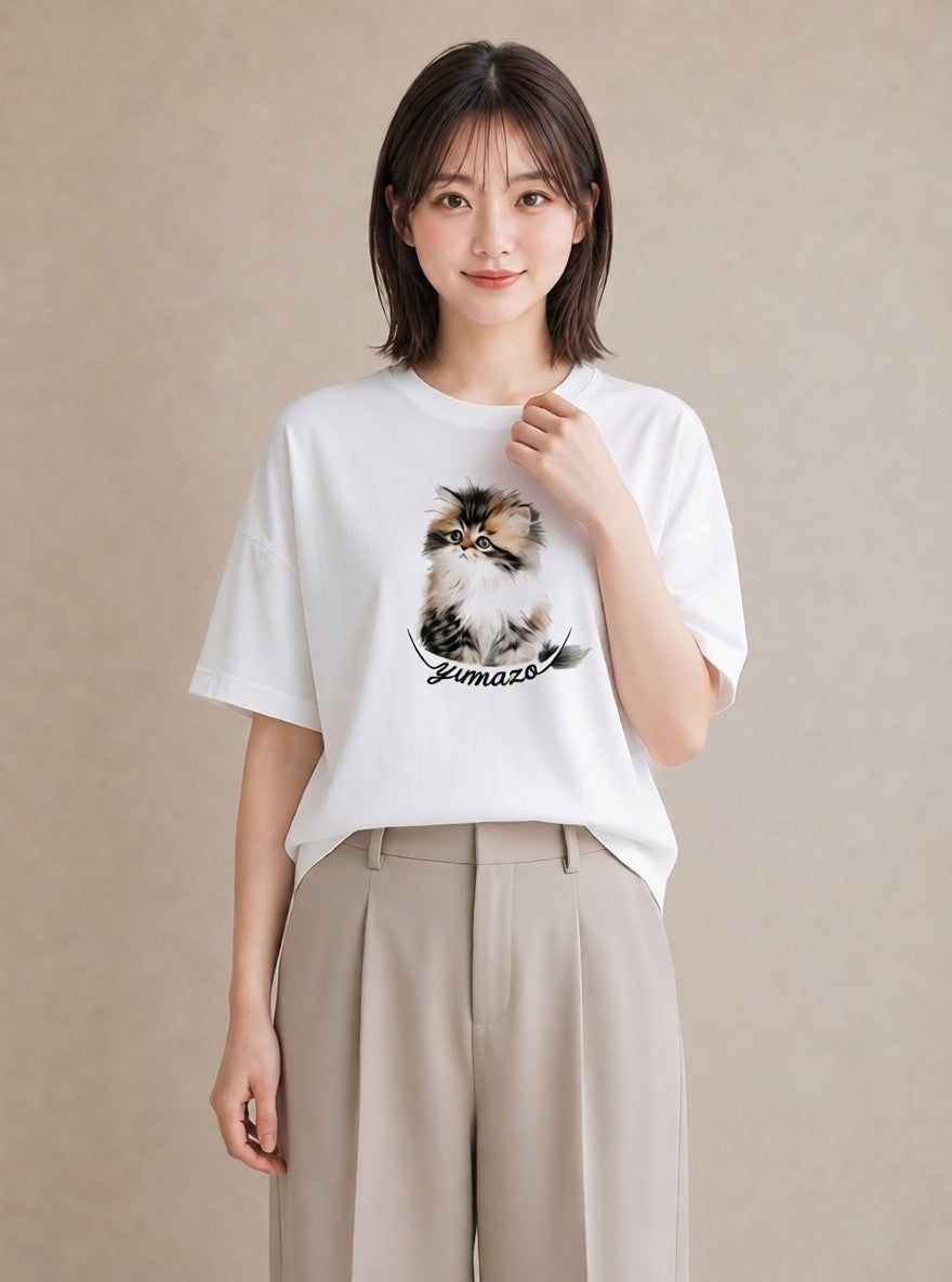 デザインTシャツ レディース ねこ 猫 ネコ イラスト 線画 夏コーデ 通学 白T
