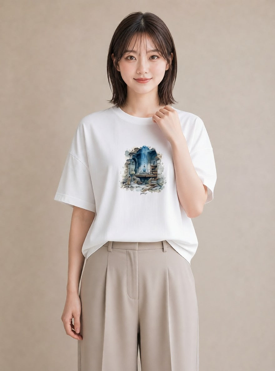 プリントTシャツ レディース 駅のホーム ローカル線 駅 ナチュラル アンティーク イラスト 韓国風 海 カフェ巡り 白T