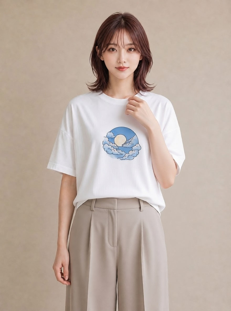 プリントTシャツ レディース 雲 星空 宇宙 イラスト 普段着 週末コーデ 白T