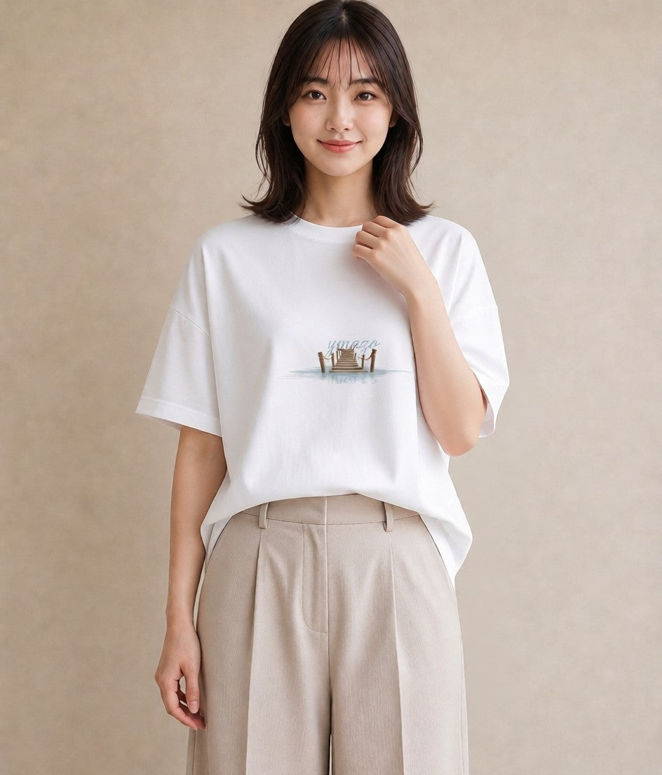 グラフィックTシャツ レディース 小川 橋 せせらぎ ナチュラル アンティーク イラスト モード カフェ服 クリスマス 白T