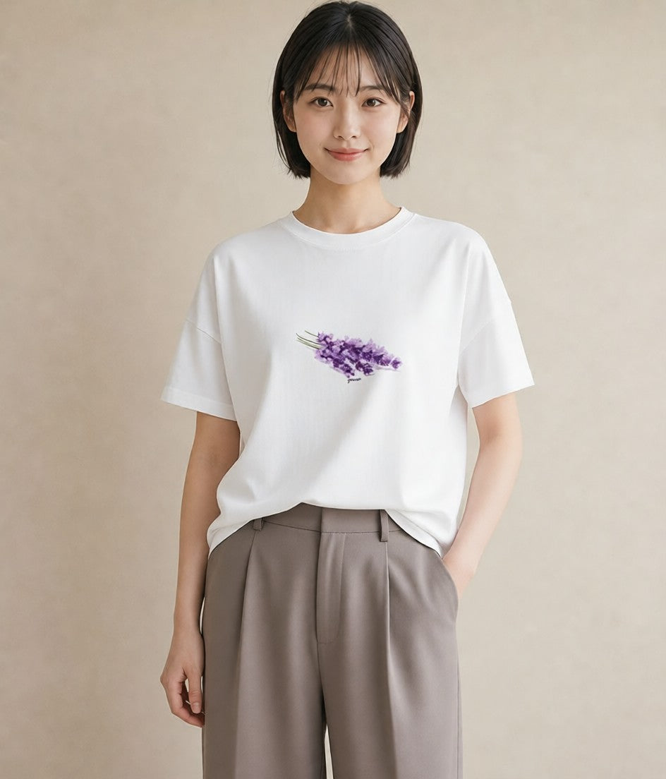 半袖Tシャツ レディース ラベンダー 花 花柄 イラスト カフェコーデ 誕生日プレゼント 綿100 白T