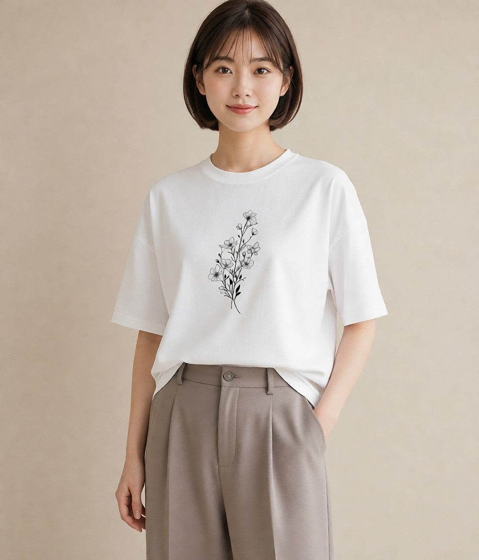 デザインTシャツ レディース 小花 花 フラワー イラスト 可愛い 夏コーデ 通学 白T