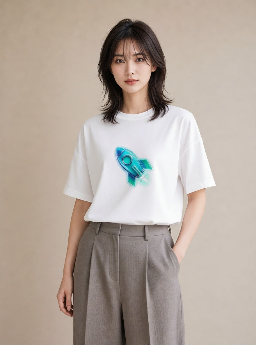 デザインTシャツ レディース ロケット 星空 宇宙 イラスト 個性的 在宅 公園 白T