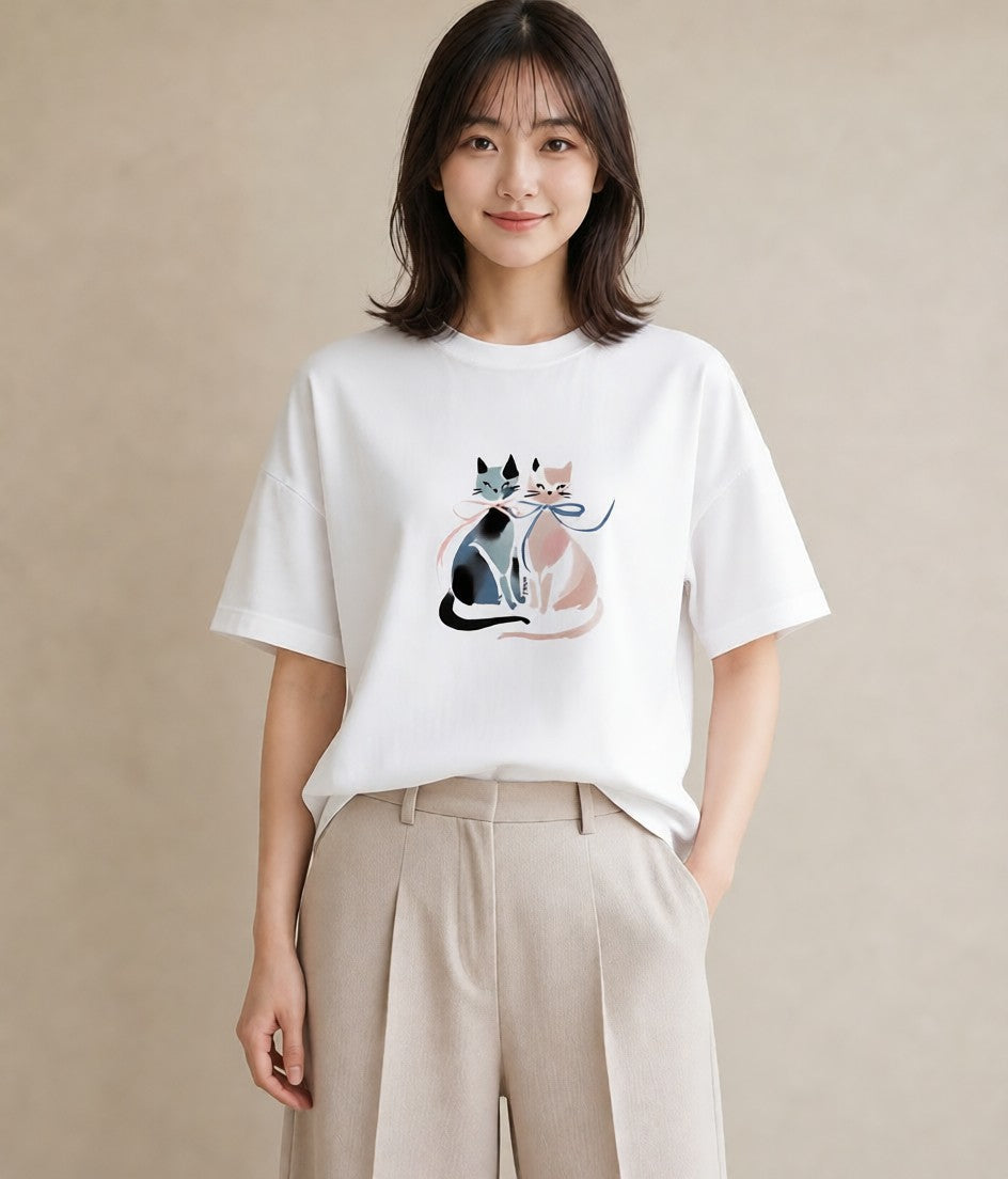 デザインTシャツ レディース ハチワレ 白黒猫 猫 ねこ イラスト 在宅 公園 白T