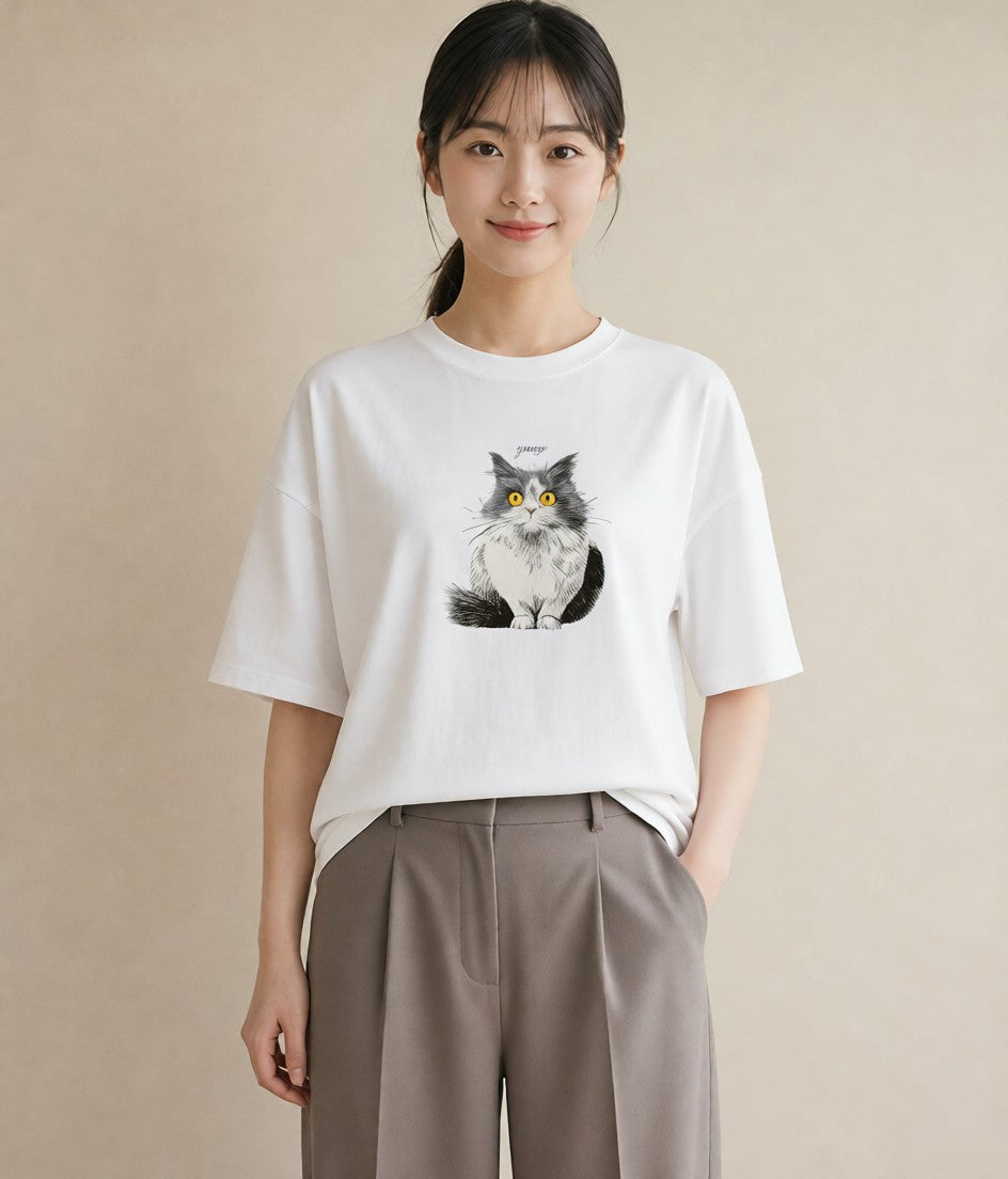 プリントTシャツ レディース 靴下猫 猫 ねこ イラスト 上品 海 カフェ巡り 白T