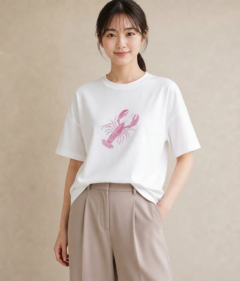 プリントTシャツ レディース エビ 海の生き物 海 イラスト 北欧風 旅行 母娘コーデ 白T