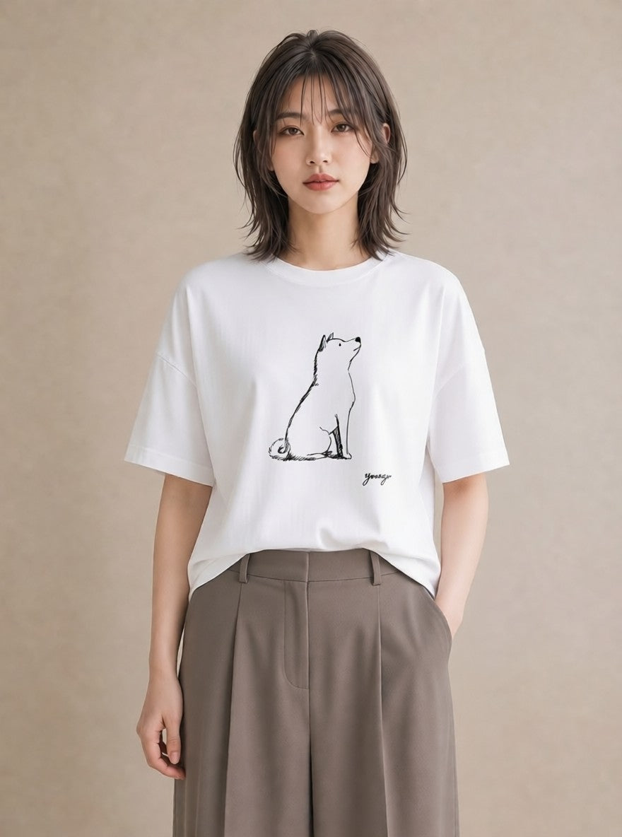 プリントTシャツ レディース 犬 いぬ わんこ イラスト 手描き風 公園 ママ 白T