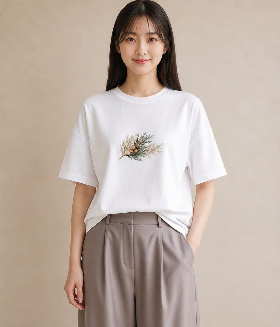 半袖Tシャツ レディース 松ぼっくり 植物 ボタニカル イラスト 春服 ミセス 白T