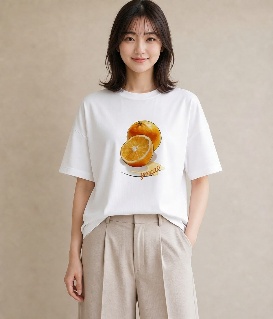 プリントTシャツ レディース みかん 食べ物 フード イラスト 水彩風 カフェ巡り 女子会 白T