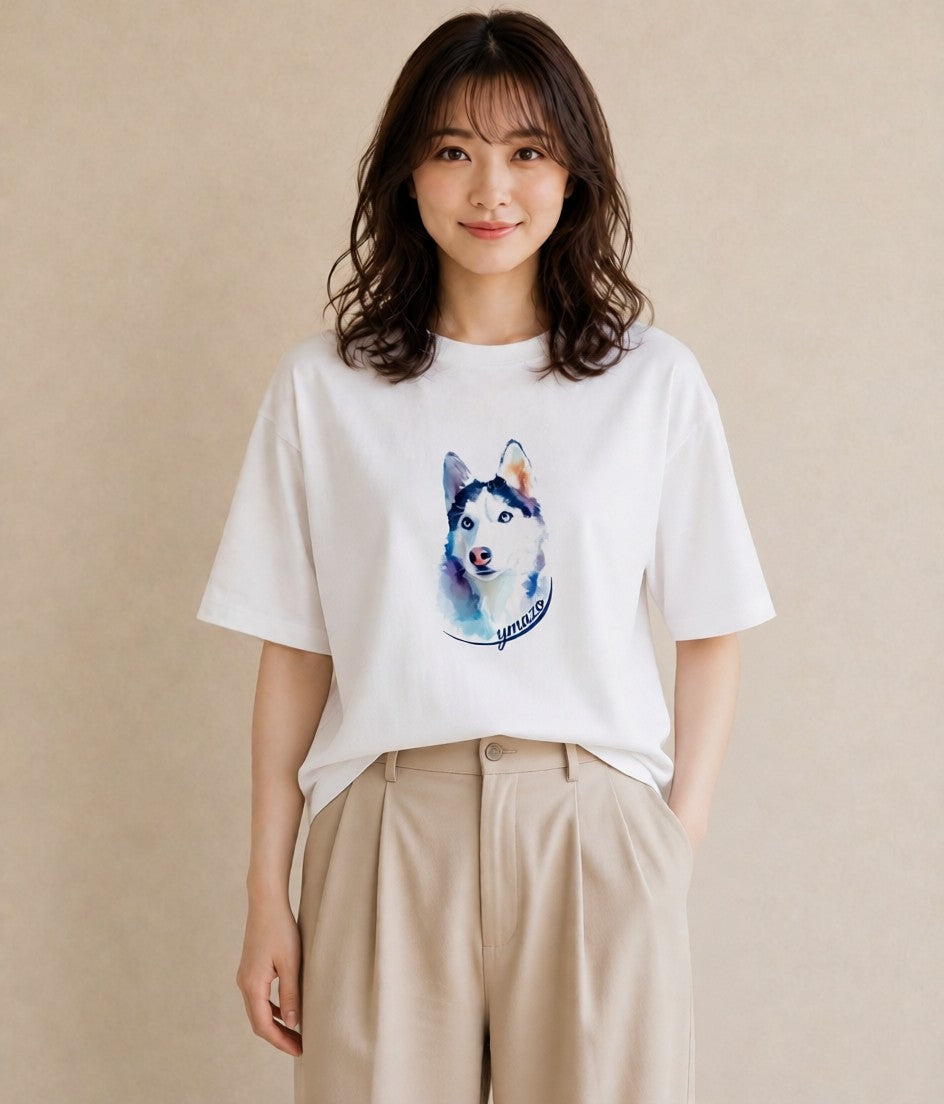 Tシャツ レディース シベリアンハスキー 犬 いぬ イラスト 線画 誕生日プレゼント 綿100 白T
